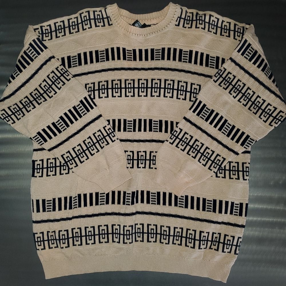 Vintage Dunhill Scotland 100% Cotton Geometric Knit Crewneck Black Cream Mens L